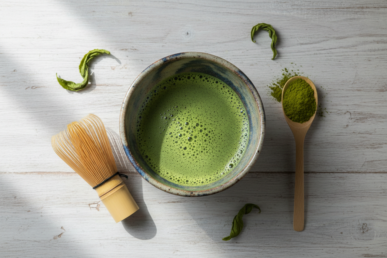 Ceremonial matcha in a bowl with bamboo whisk, matcha caffeine explained