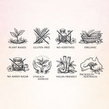 Set of icons representing various food and product attributes on a beige background