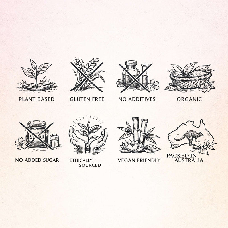 Set of icons representing various food and product attributes on a beige background