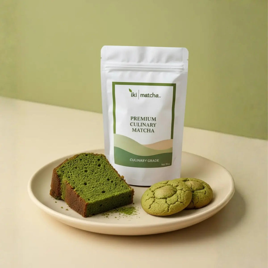 Matcha green tea product with matcha cookies and cake on a plate against a green background