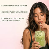 iced matcha latte made with ceremonial matcha latte powder.