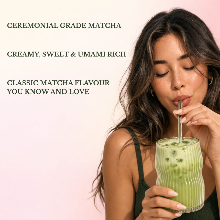 iced matcha latte made with ceremonial matcha latte powder.