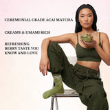 Woman in green athletic wear holding a bowl of acai matcha, with promotional text on a light pink background.